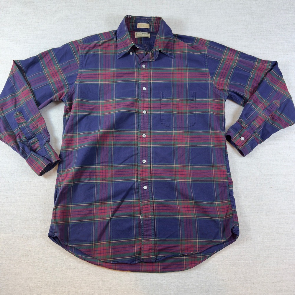 LL Bean Vintage Plaid Flannel Shirt Mens 15.5-33 Blue Red Made in USA Cotton